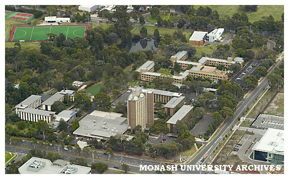 Aerial view of halls of Residence with hockey field, lake and Science Centre in background