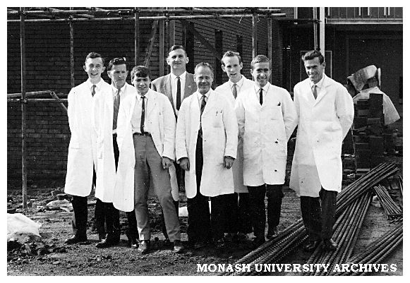Anatomy department laboratory staff - Alan Kreibich (left), Bob Beard, Peter Moritz, Ian Hine, Keith Jones, Phillip Jacobson, Geoff Rolls, Des Burns.