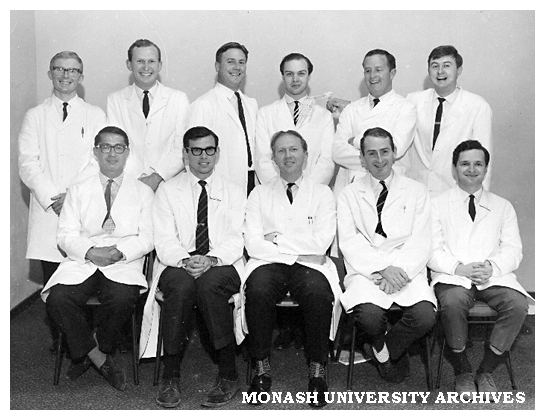 Anatomy department demonstrators. Ian Gunn (back left), Irwin Faris, George Footit, Graeme Griffith, Bill Rogers, Clement Smith; John Chew (front left), unknown, Prof. E. Glasgow, unknown, Gabriel Reisner