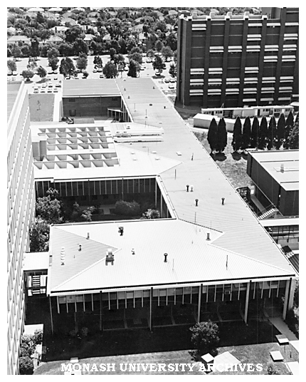 Raised view of north side of Medical building with Biology building (top right).