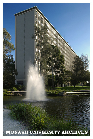 Menzies building with pond and fountain in foreground