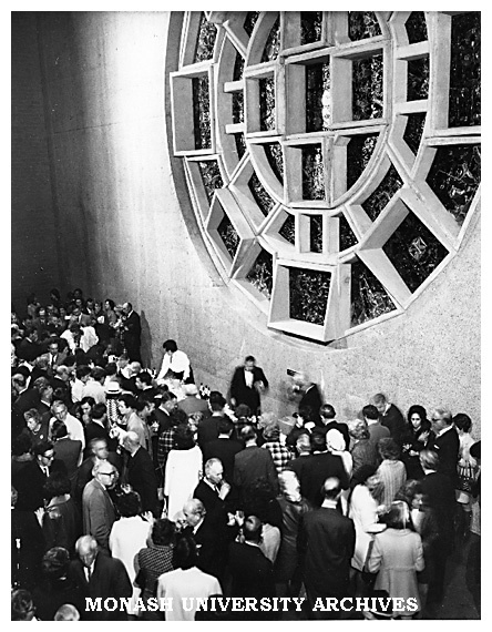 Foyer of Robert Blackwood Hall with Lindesay Clark window by Leonard French, Clayton campus.