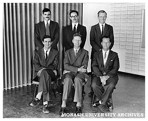 Engineering Faculty founding academic staff. Front row (L to R): John Crisp (Applied Mechanics), Ken Hunt (Dean), Bill Churchill (Laboratory Manager). Back row: Noel Murray (Civil), Charles Sinclair (Chemical), Jack Phillips (Electrical)