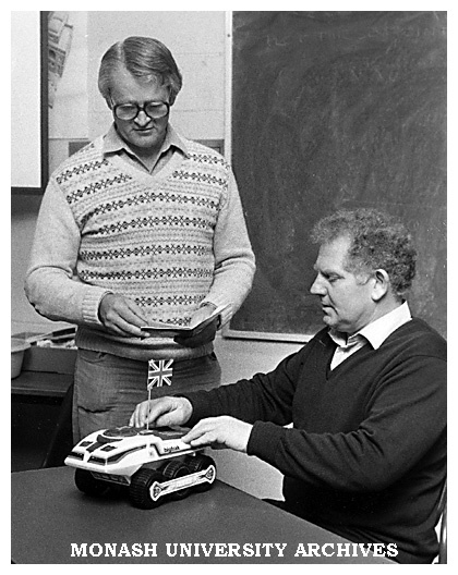 Dr John Theobald (left) and Dr Dudley Blane with tank shaped computed designed to makes mathematics fun for students.