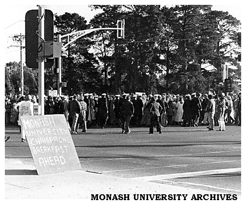Student champagne breakfast disruption to traffic on Dandenong Rd, Clayton during Farm Week