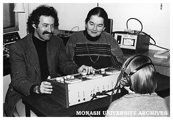 Senior lecturer in education, Dr Gilbert Best (left)and audiologist Dorothy Moore, test hearing at the Krongold Centre.