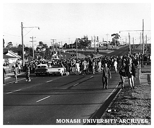 Student champagne breakfast disruption to traffic on Dandenong Rd, Clayton during Farm Week