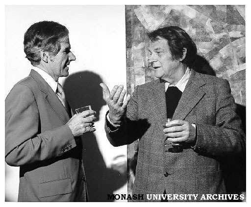 Professor Ray Martin and artist Roger Kemp at the opening of the Cycles and Directions exhibition, in front of Kemp's work 'Aerial Rhythm' (1973) in the Visual Arts gallery