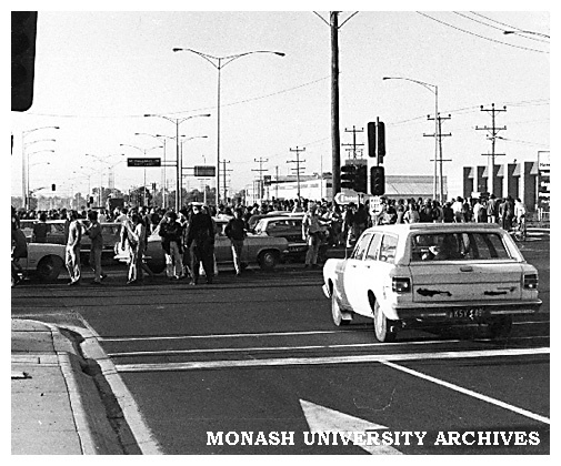 Student champagne breakfast disruption to traffic on Dandenong Rd, Clayton during Farm Week