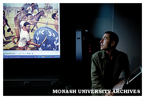Dr Tom Chandler, lecturer at School of Information Technology, Berwick, with animation of the city of Angkor in Cambodia