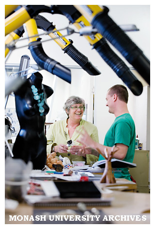 Metal and Jewellery course Coordinator Marian Hosking with Simon Cottrell, assessing students' work