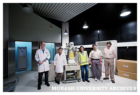 Staff from the Monash Centre for Electron Microscopy and JEOL Australasia P/L staff during the installation of the JEOL 2100F field-emission gun transmission electron microscope.