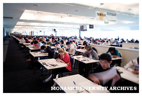 Students sitting an examination at Caulfield Racecourse