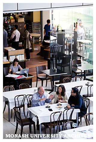 Professor Richard Boyd (left, front table), Senior Research Fellow Dr Ann Chidgey and Immunology Laboratory Manager Mark Malin in Cafe Cinque Lire at Clayton campus.