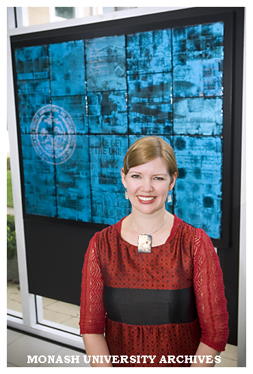 Glass panel commemorating the 10th anniversary of the Berwick campus with artist Kristin McFarlane