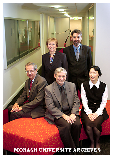 Faculty of Law manager Janet White (back, left), Stephen Davey,Professor Richard Larkins, Law dean Professor Arie Freiberg and Law Chambers facility manager Lynette Dean in the expanded Law Chambers