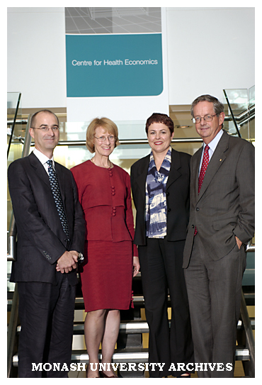 Opening of new premises for the Centre for Health Economics. Professor Alan Shiell, Professor Gill Palmer, Hon. Ms Lynne Kosky, Professor Richard Larkins