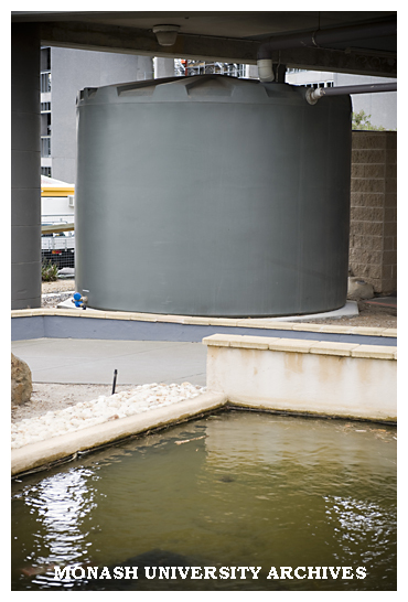 Water tank at Building 73 (Monash College) used to harvest water to supply the nearby fountain