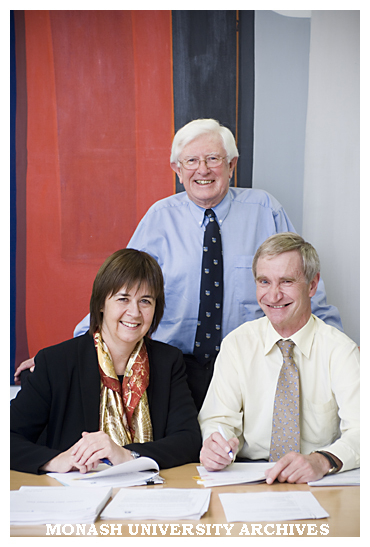 Signing a Memorandum of Understanding between Monash and Melbourne University, to establish UniWater - Professors John Lovering, Uniwater(standing), Edwina Cornish, and John McKenzie (University of Melbourne)