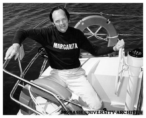 Professor Lance Endersbee on his racing cruiser 'Margarita'