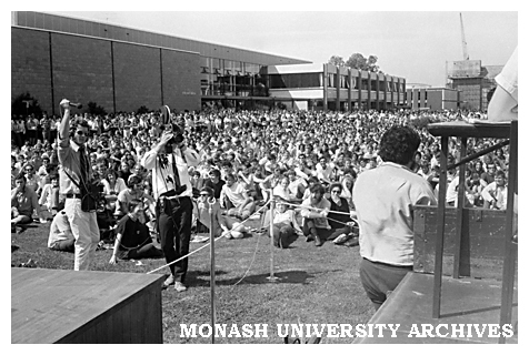 News crews at student protest rally with Albert Langer speaking