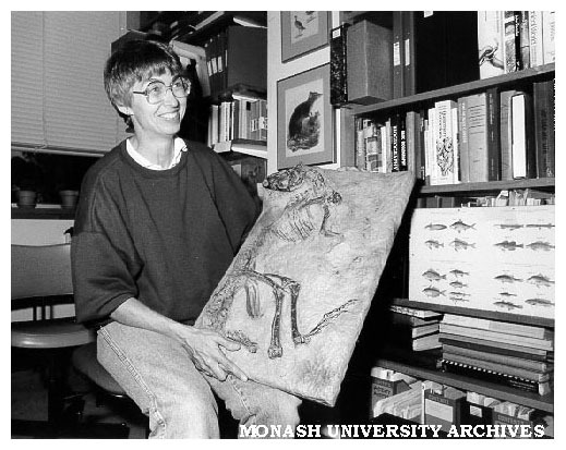 Palaeontologist Dr Pat Vickers-Rich with cast of hypsilophodent skeleton