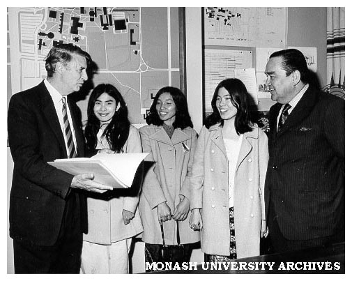 Professor Donald Cochrane with visitors for a Malaysian politics seminar, from left: Rogayah Ismail, The Zawahir, Sally Chan, and Malaysian High Commissioner Tan Sri Dato Faud Stephens