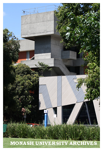 Building A (Library and Administration), Caulfield campus, with Student Services Centre in foreground.