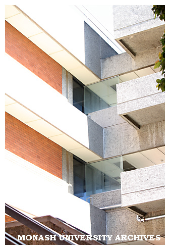 Building A (Library and Administration) and stairwell, Caulfield campus
