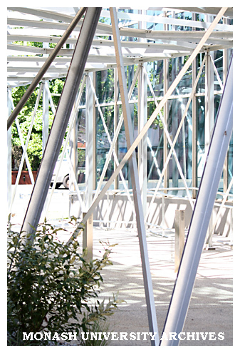 'Silverscreen' by Callum Morton - sculpture at entrance to Monash University Museum of Art