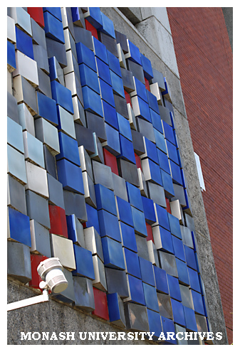 Mosaic mural tiles on Building B, Caulfield campus