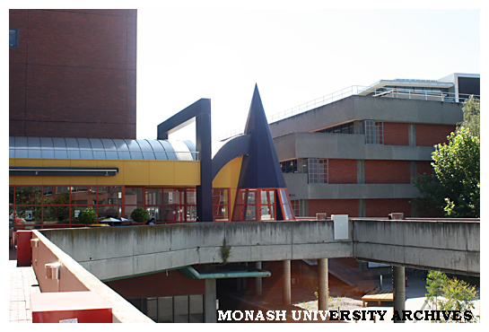 Cafe (left) and Building A (Library and Administration) from level 2 walkway, Caulfield campus