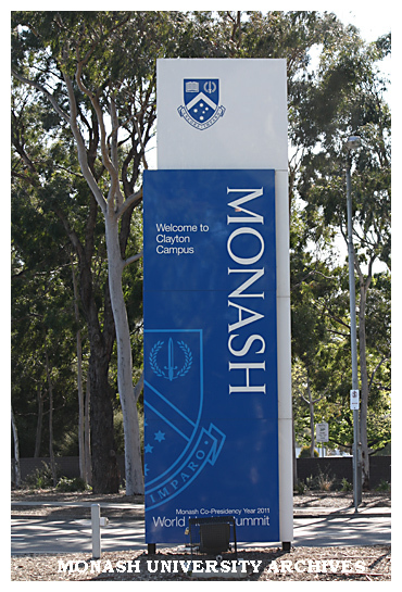 Sign at entrance to Monash University, Clayton campus