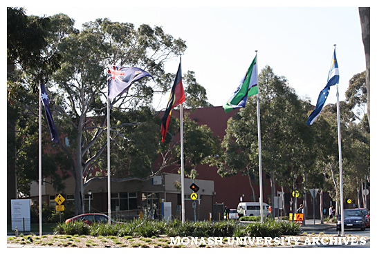 Flags at entrance of Monash University, Clayton campus