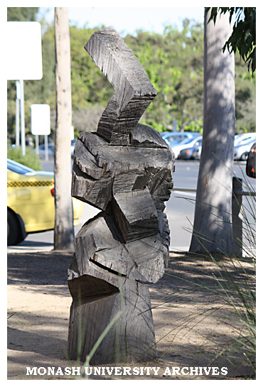 Iron bark sculpture by artist Lynne Moore, outside the Gallery Building, Clayton campus