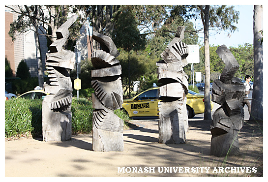 Iron bark sculptures by artist Lynne Moore, outside the Gallery Building, Clayton campus