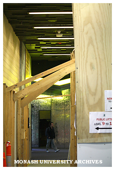 Foyer of Menzies building, during construction of lifts, Clayton campus