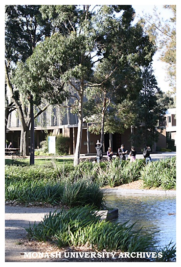 Pond with Administration building in background, Clayton campus
