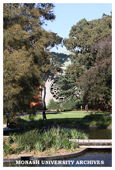 Pond with Robert Blackwood Hall in background, Clayton campus