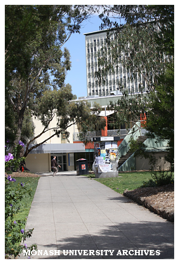 Footpath to Campus Centre building, with Menzies building in the background, Clayton campus.