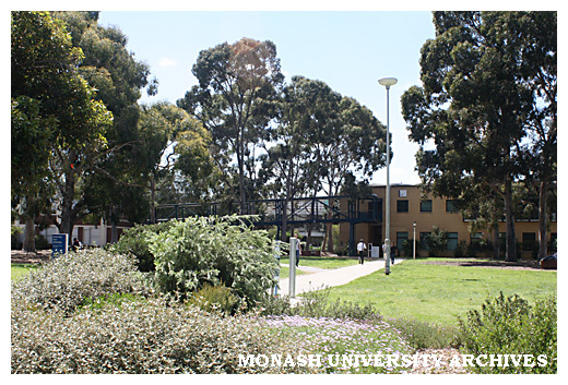 Clayton campus gardens north of Campus Centre with Faculty of Information Technology building (63) in the background.