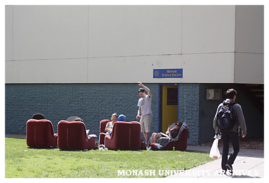 Monash Science Society students on lawn outside Science buildings, Clayton campus