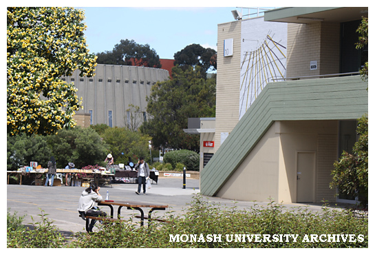 Market stalls with Campus Centre (right) and Religious Centre (background), Clayton campus