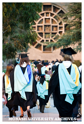 Graduates walking to Robert Blackwood Hall, Clayton campus