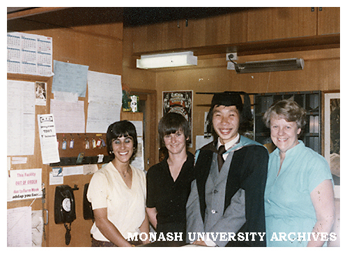 Union Desk staff Cathy Celona (left), Jenny Chuck, unknown student, Betty Dunphy