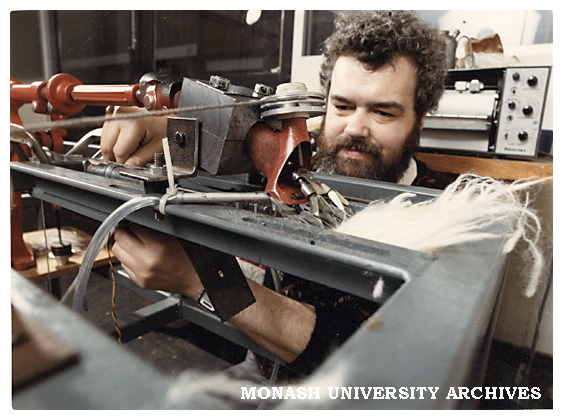 Research Assistant Bob Mair working on the development of shearing blades.