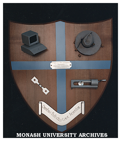 Shield presented to Professor Ian Polmear to commemorate his time as Chairman of Materials Engineering