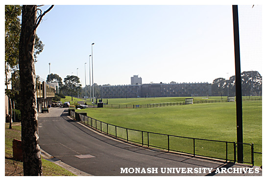 Playing fields with Sports and Recreation Centre (left) and Briggs Hall (background), Clayton campus.