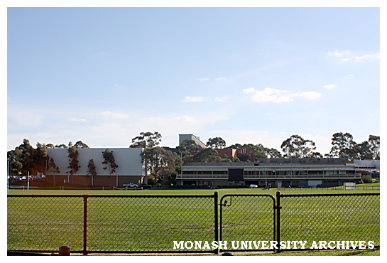Playing fields with Sports and Recreation Centre in background, Clayton campus.