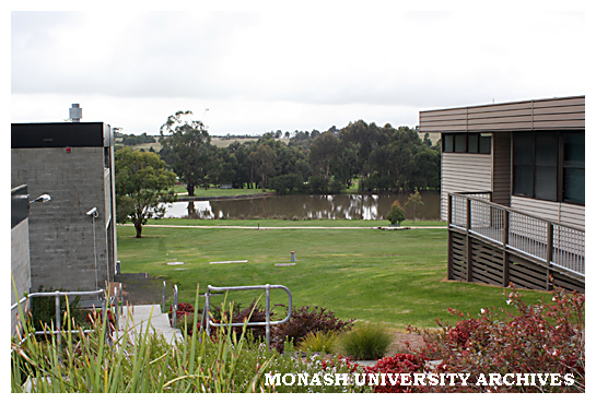 Looking south-east across lake, between Buildings 1E and 2E, Gippsland campus